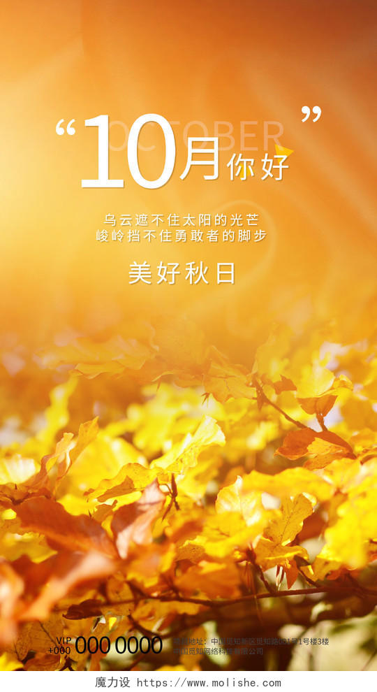 黄色意境十月你好美好秋日UI手机海报10月你好